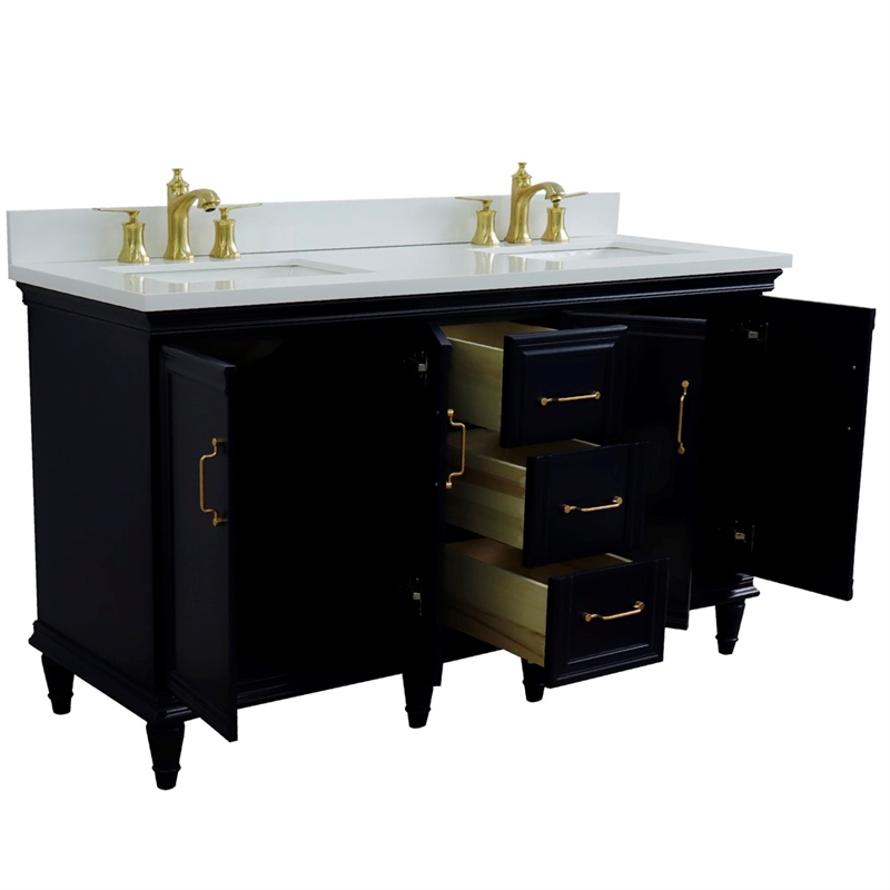 61 in. Double Wooden Vanity Blue White Quartz Rectangle Sink