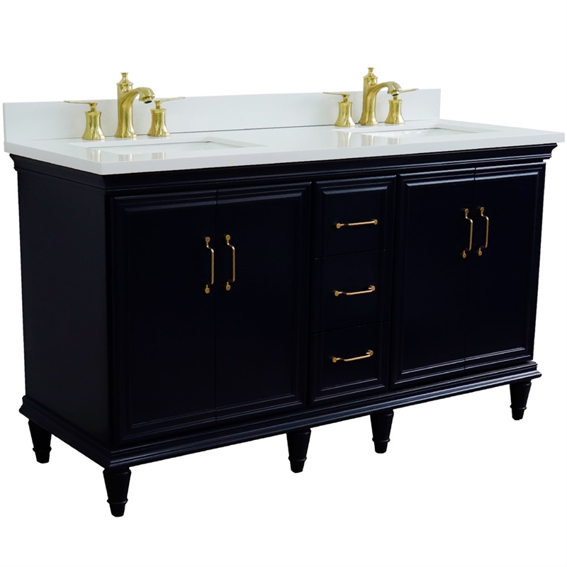 61 in. Double Wooden Vanity Blue White Quartz Rectangle Sink
