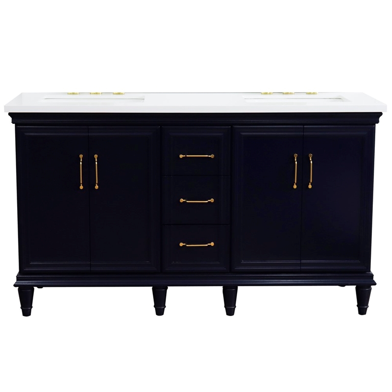 61 in. Double Wooden Vanity Blue White Quartz Rectangle Sink