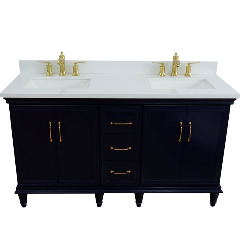 61 in. Double Wooden Vanity Blue White Quartz Rectangle Sink