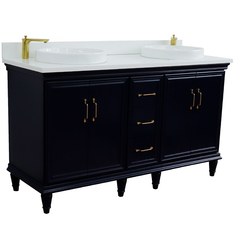 61 in. Double Wooden Vanity Blue White Quartz Round Sink
