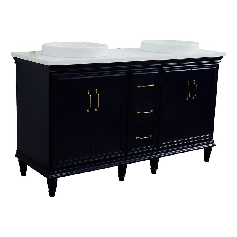 61 in. Double Wooden Vanity Blue White Quartz Round Sink