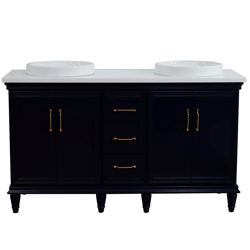 61 in. Double Wooden Vanity Blue White Quartz Round Sink