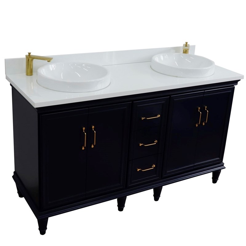 61 in. Double Wooden Vanity Blue White Quartz Round Sink