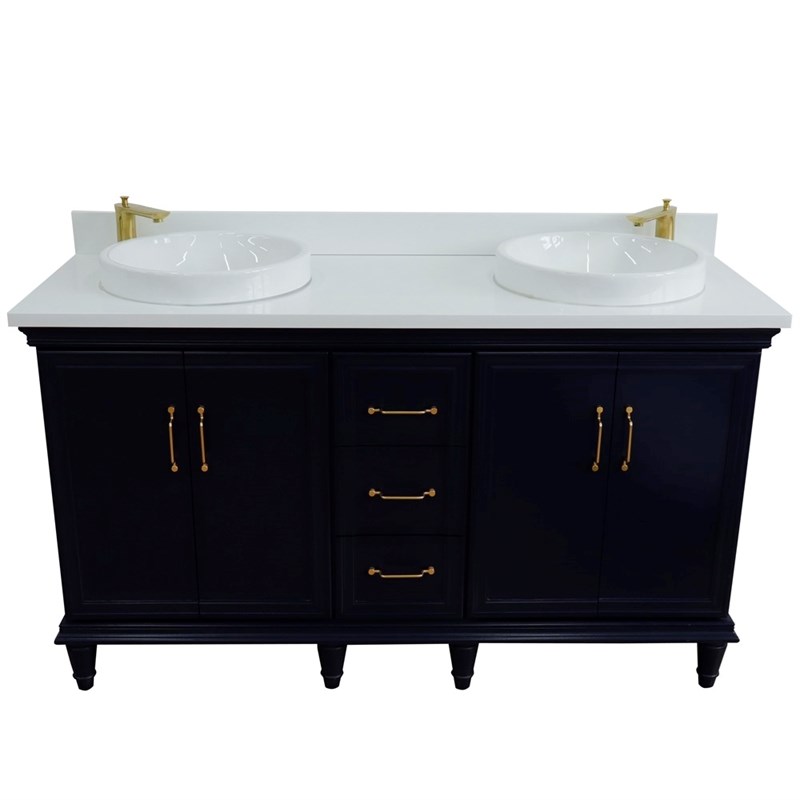 61 in. Double Wooden Vanity Blue White Quartz Round Sink