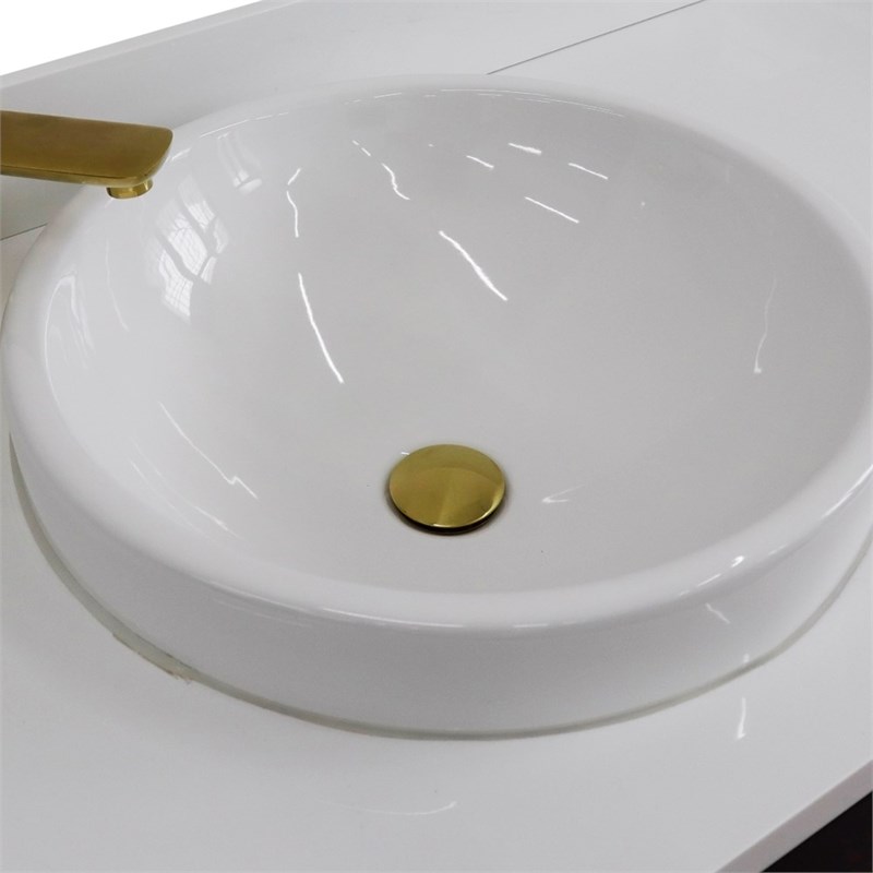 61 in. Double Wooden Vanity Blue White Quartz Round Sink
