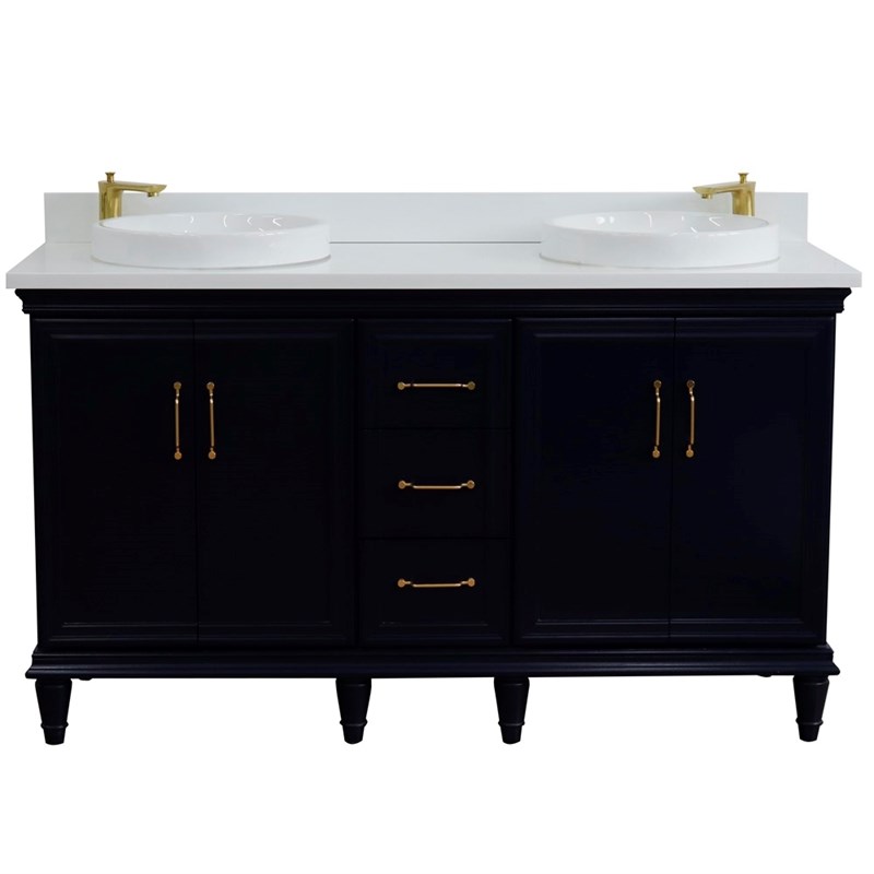 61 in. Double Wooden Vanity Blue White Quartz Round Sink