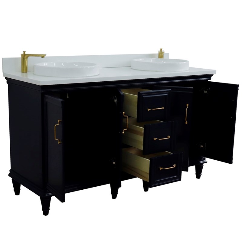 61 in. Double Wooden Vanity Blue White Quartz Round Sink