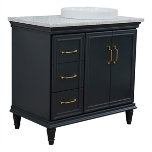 37 in. Single Wooden Vanity  Dark Gray White Carrara Round Right Door.Right Sink