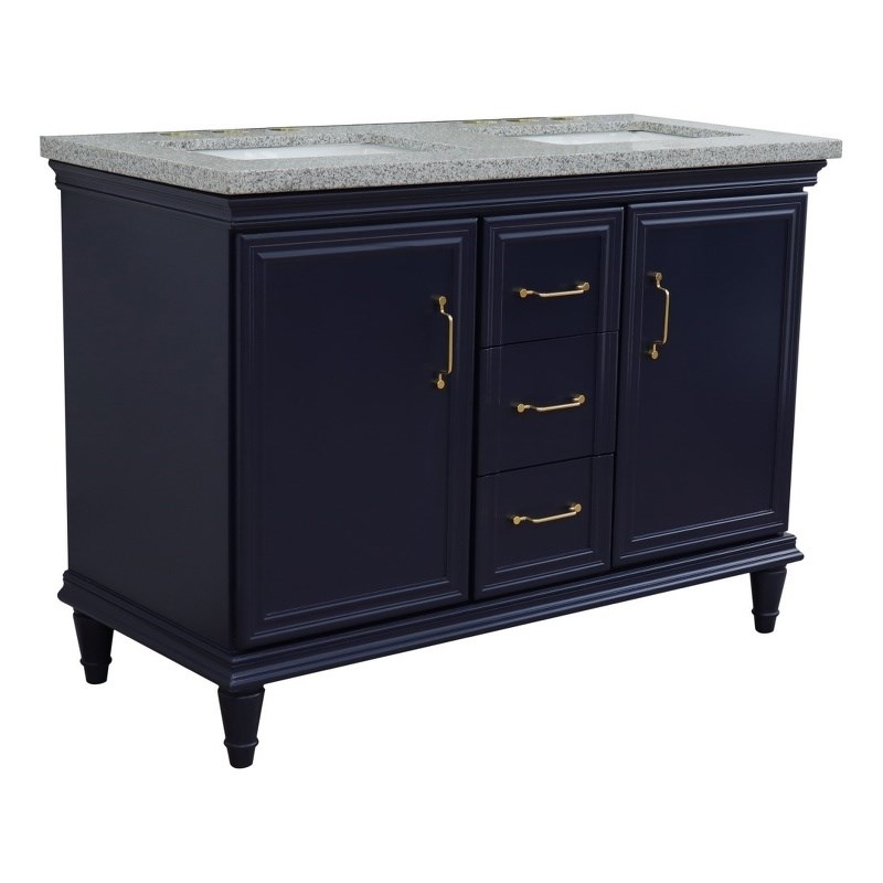 49 in. Double Wooden Vanity Blue with Gray Granite Rectangle Sink