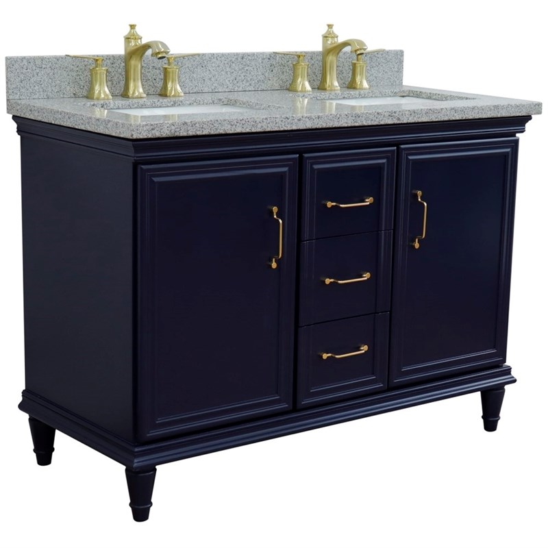 49 in. Double Wooden Vanity Blue with Gray Granite Rectangle Sink