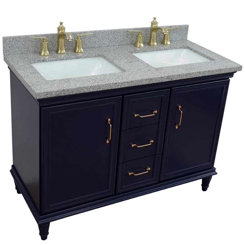 49 in. Double Wooden Vanity Blue with Gray Granite Rectangle Sink