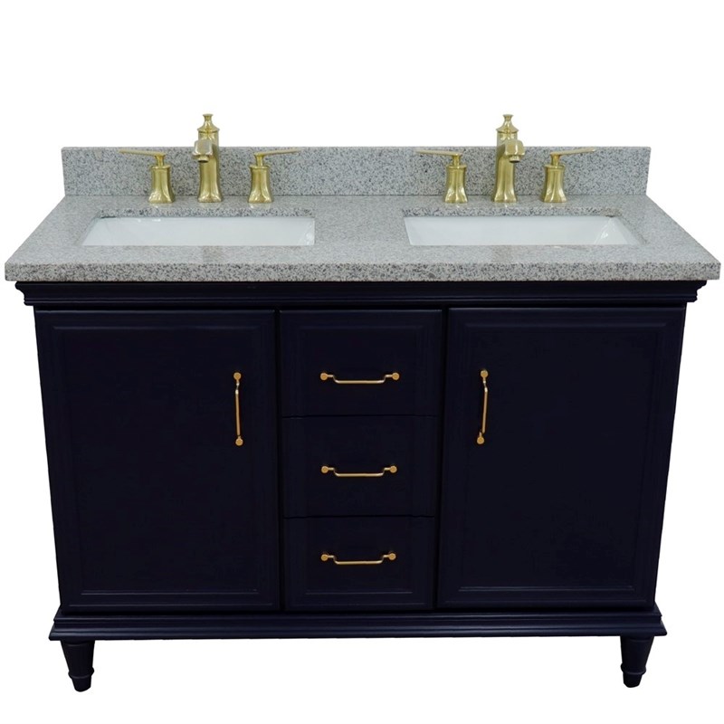 49 in. Double Wooden Vanity Blue with Gray Granite Rectangle Sink