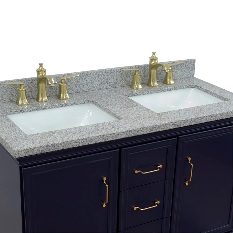 49 in. Double Wooden Vanity Blue with Gray Granite Rectangle Sink