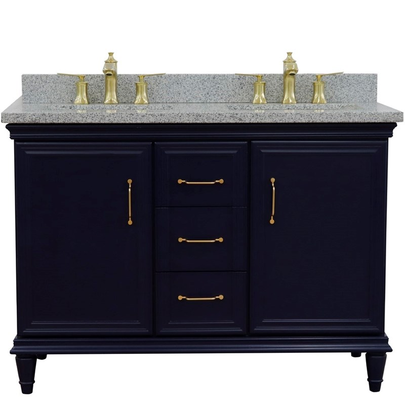 49 in. Double Wooden Vanity Blue with Gray Granite Rectangle Sink