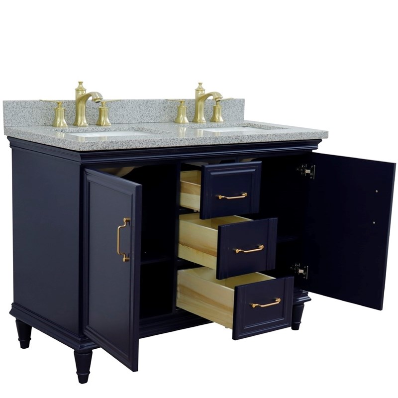 49 in. Double Wooden Vanity Blue with Gray Granite Rectangle Sink