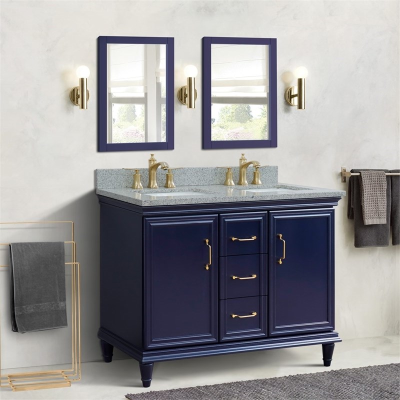 49 in. Double Wooden Vanity Blue with Gray Granite Rectangle Sink