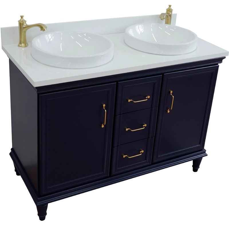 49 in. Double Wooden Vanity Blue with White Quartz Round Sink