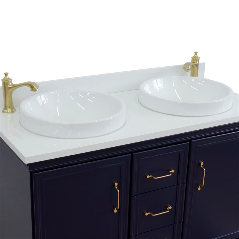 49 in. Double Wooden Vanity Blue with White Quartz Round Sink