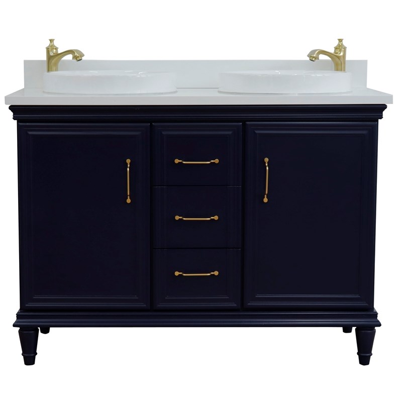 49 in. Double Wooden Vanity Blue with White Quartz Round Sink
