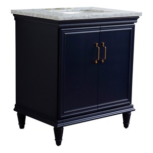 31 in. Single Wooden Vanity  Blue with White Carrara Rectangle Sink