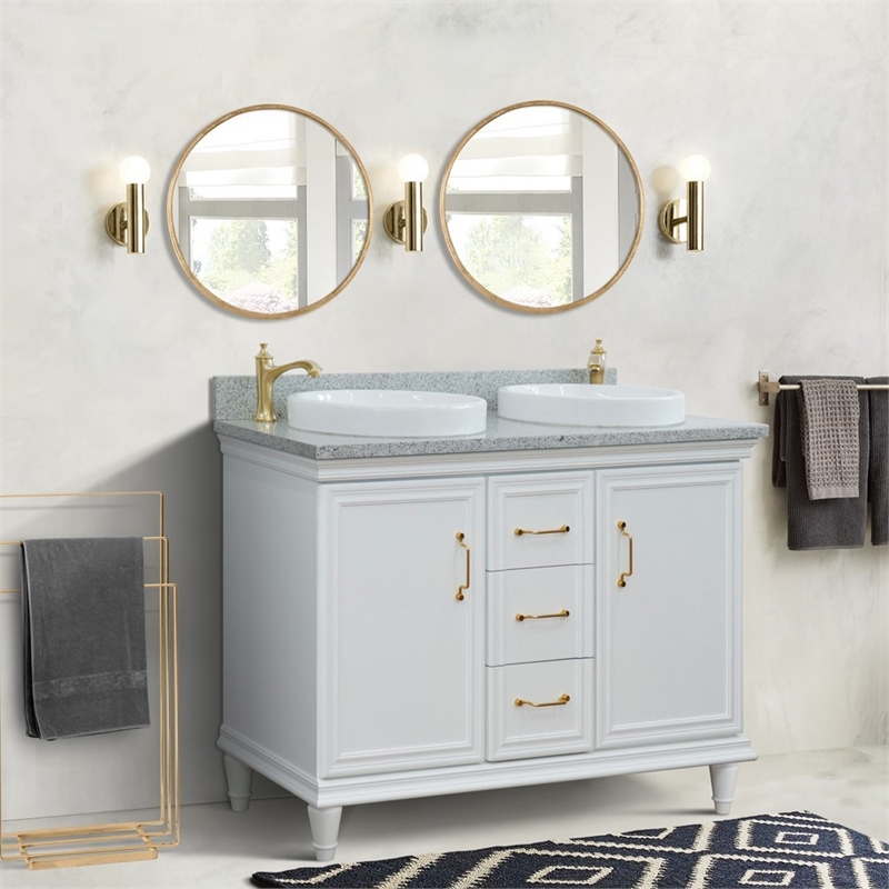 49 in. Double Wooden Vanity White with Gray Granite Rectangle Sink