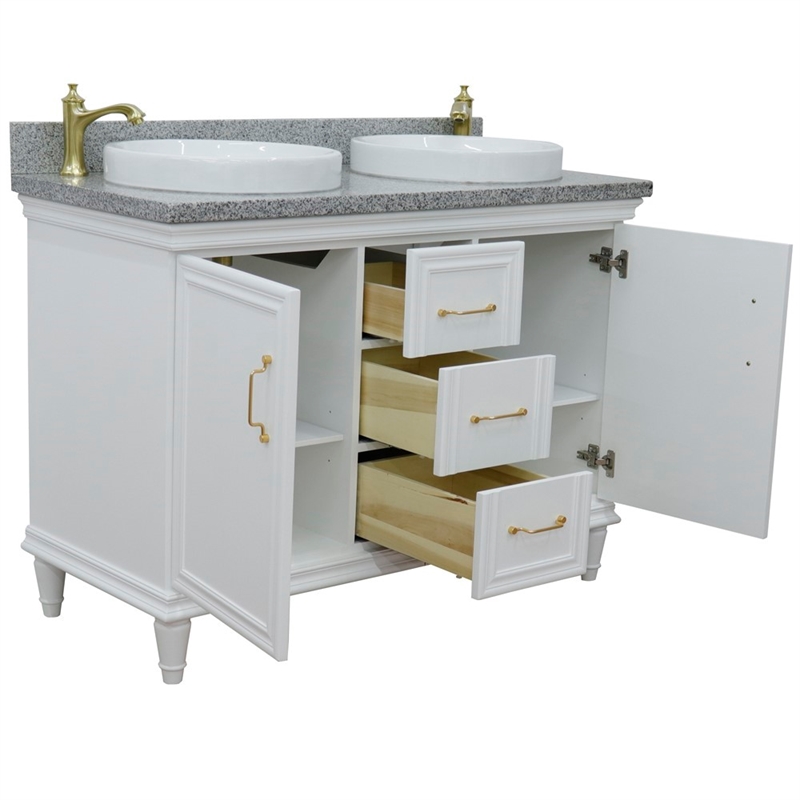 49 in. Double Wooden Vanity White with Gray Granite Rectangle Sink