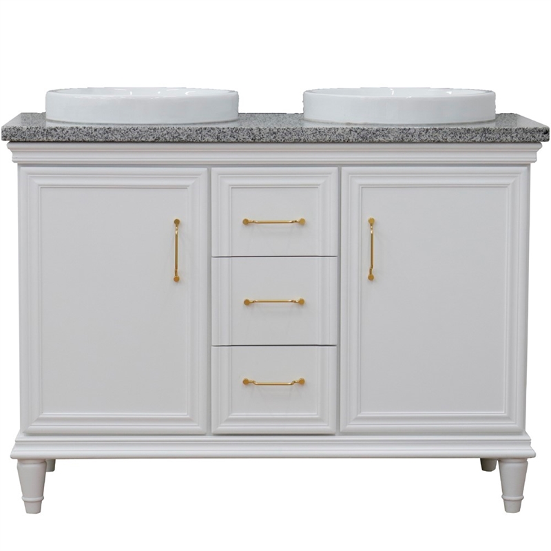 49 in. Double Wooden Vanity White with Gray Granite Rectangle Sink