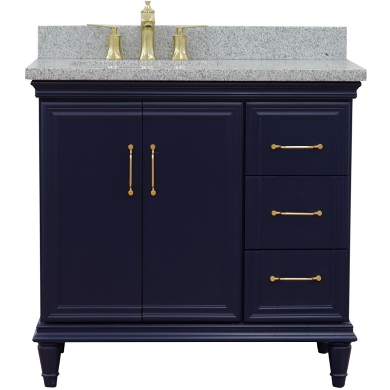 37 in. Single Wooden Vanity  Blue Gray Granite Rectangle Left Door.Left Sink