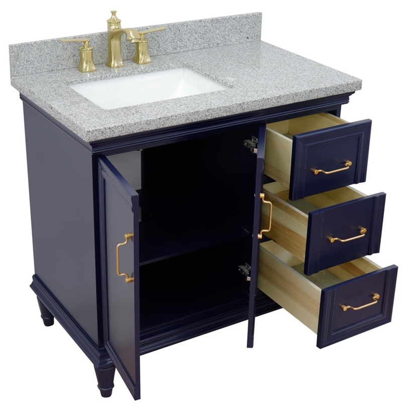 37 in. Single Wooden Vanity  Blue Gray Granite Rectangle Left Door.Left Sink