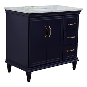 37 in. Single Wooden Vanity  Blue White Carrara Oval Left Door.Left Sink