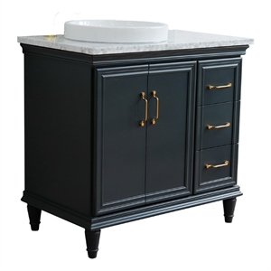 37 in. Single Wooden Vanity  Dark Gray White Carrara Round Left Door.Left Sink