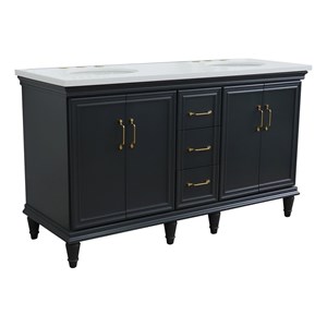 61 in. Double Wooden Vanity Dark Gray White Quartz Oval Sink