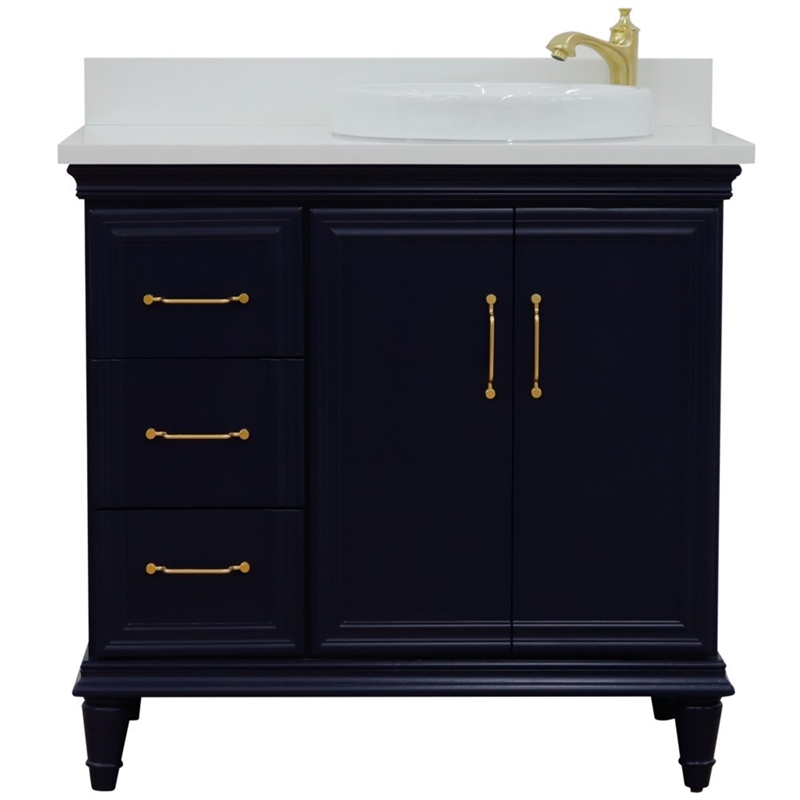 37 in. Single Wooden Vanity  Blue White Quartz Round Right Door.Right