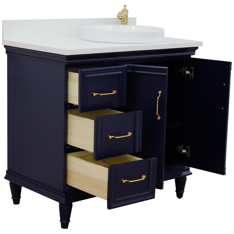 37 in. Single Wooden Vanity  Blue White Quartz Round Right Door.Right