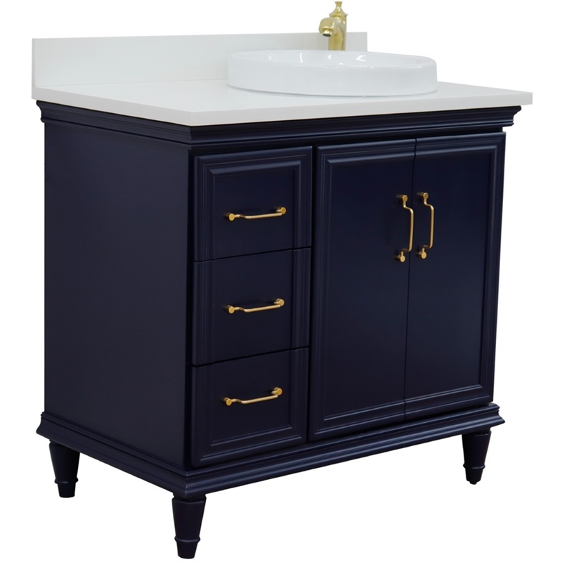 37 in. Single Wooden Vanity  Blue White Quartz Round Right Door.Right