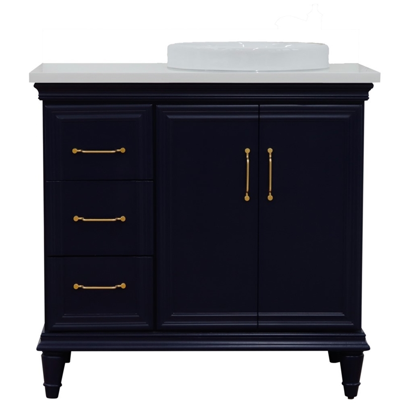37 in. Single Wooden Vanity  Blue White Quartz Round Right Door.Right