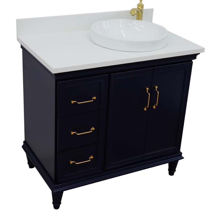 37 in. Single Wooden Vanity  Blue White Quartz Round Right Door.Right