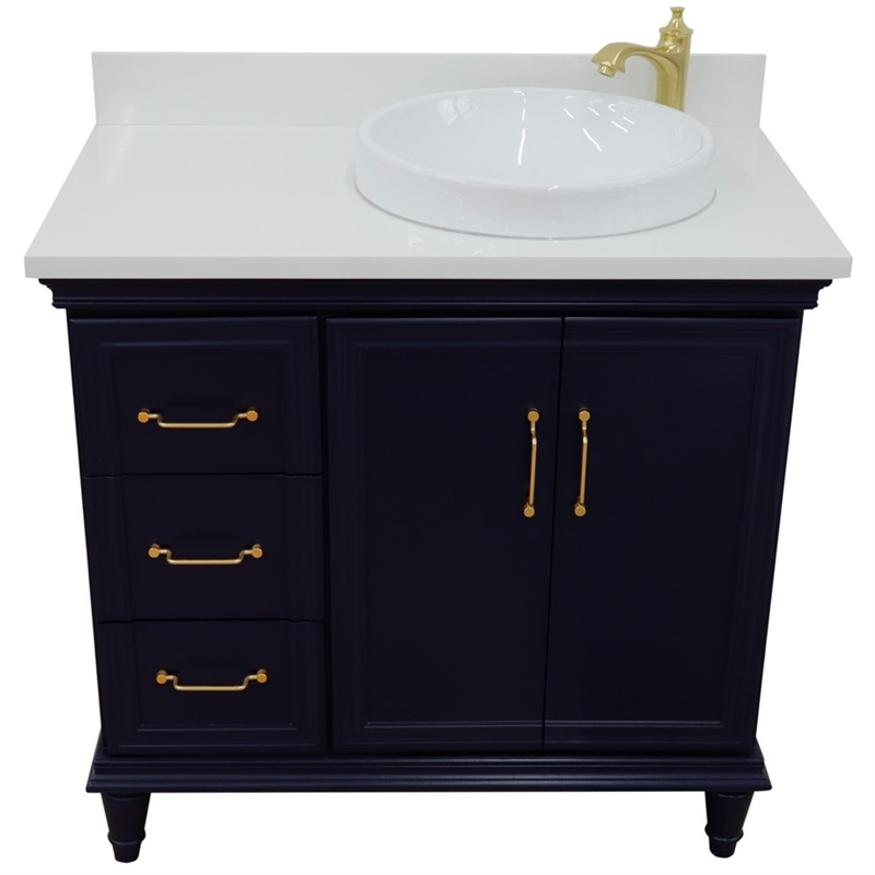 37 in. Single Wooden Vanity  Blue White Quartz Round Right Door.Right