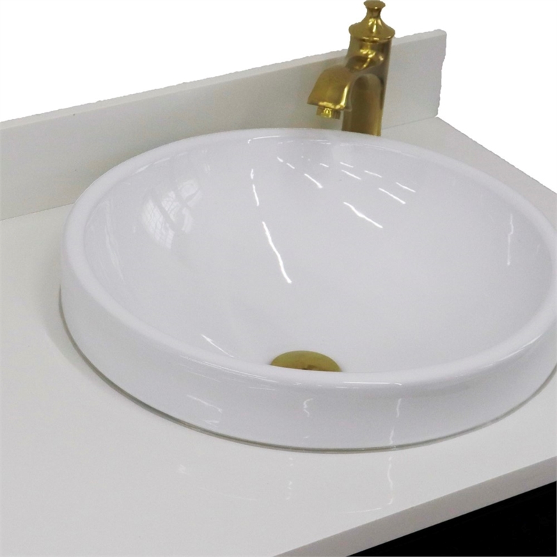 37 in. Single Wooden Vanity  Blue White Quartz Round Right Door.Right