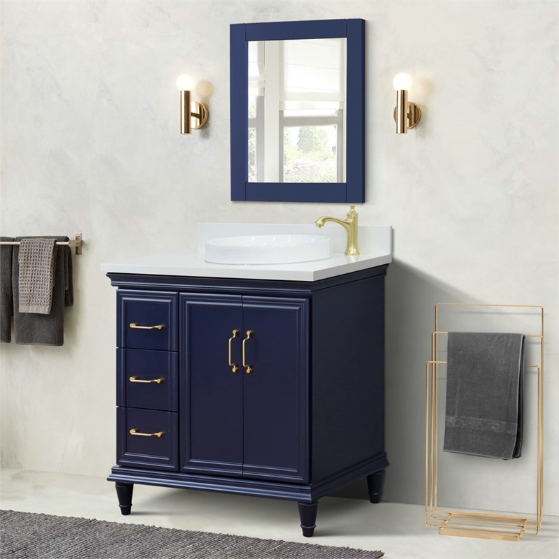 37 in. Single Wooden Vanity  Blue White Quartz Round Right Door.Right