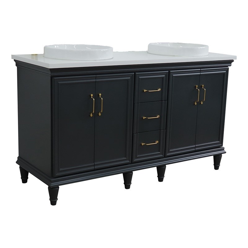 61 in. Double Wooden Vanity Dark Gray White Quartz Rectangle Sink