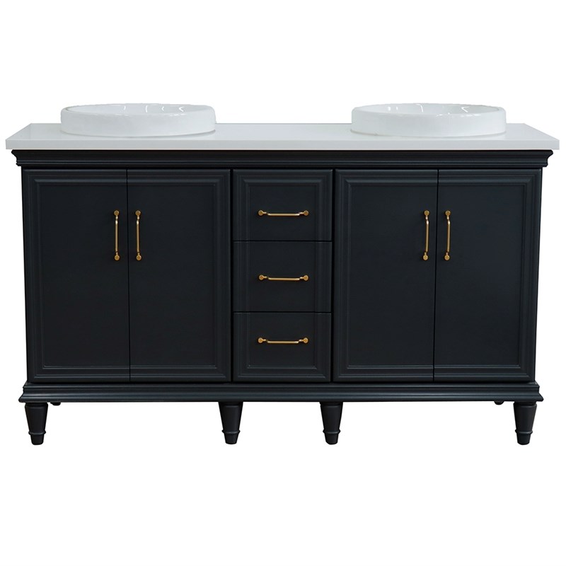 61 in. Double Wooden Vanity Dark Gray White Quartz Rectangle Sink