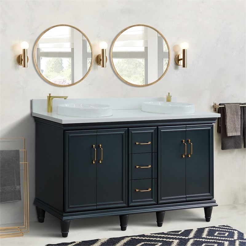 61 in. Double Wooden Vanity Dark Gray White Quartz Rectangle Sink