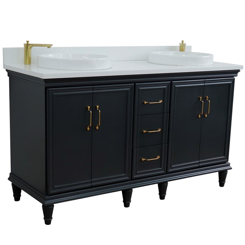 61 in. Double Wooden Vanity Dark Gray White Quartz Rectangle Sink