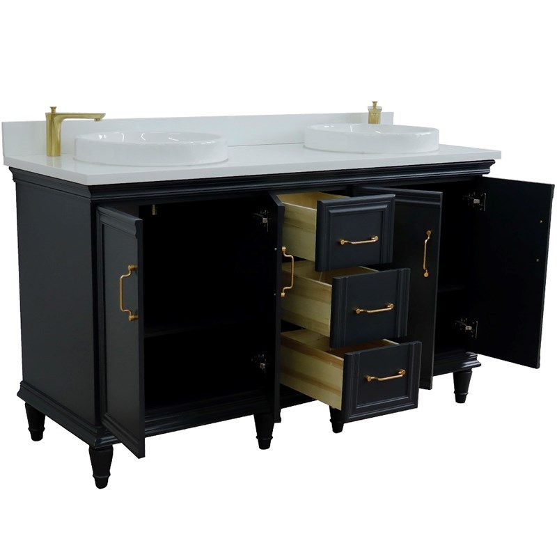 61 in. Double Wooden Vanity Dark Gray White Quartz Rectangle Sink