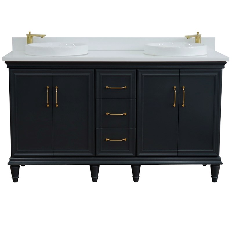 61 in. Double Wooden Vanity Dark Gray White Quartz Rectangle Sink