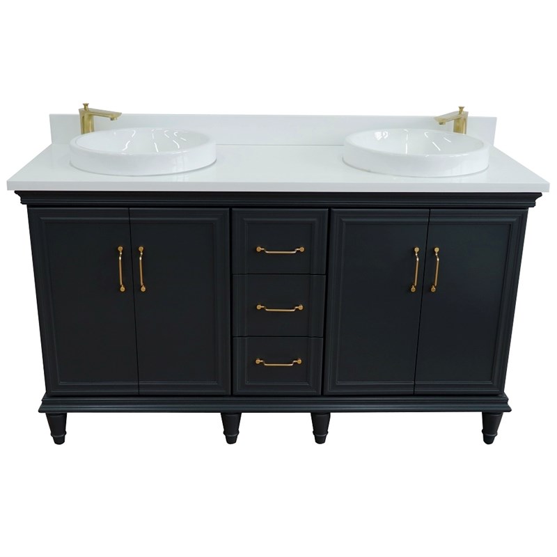 61 in. Double Wooden Vanity Dark Gray White Quartz Rectangle Sink