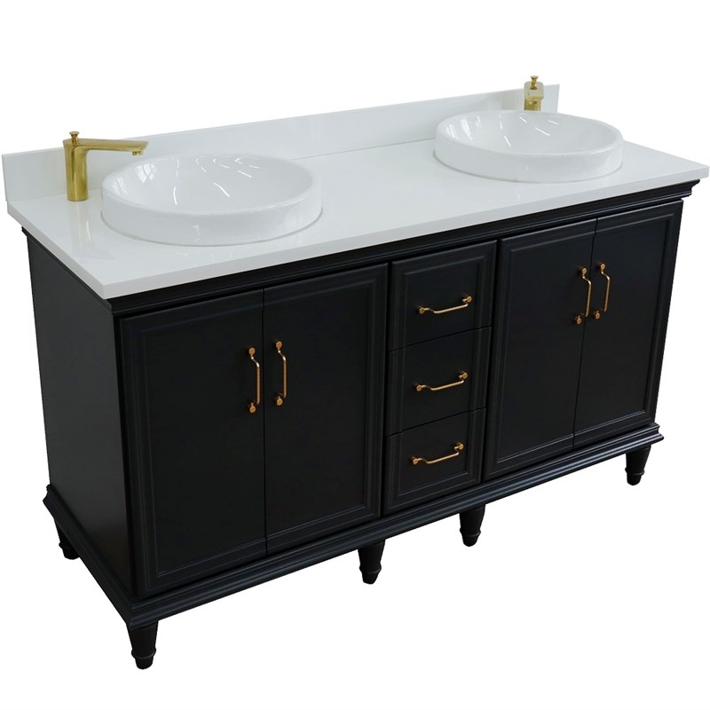 61 in. Double Wooden Vanity Dark Gray White Quartz Rectangle Sink