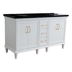 61 in. Double Wooden Vanity White Black Galaxy Granite Oval Sink